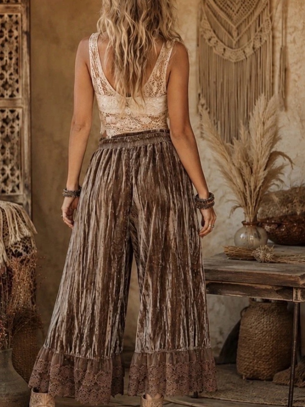 H015 NWT Blue Velvet L w16-25 Bohemian Velvet Wide-Leg Pants in Brown - Picture 2 of 2